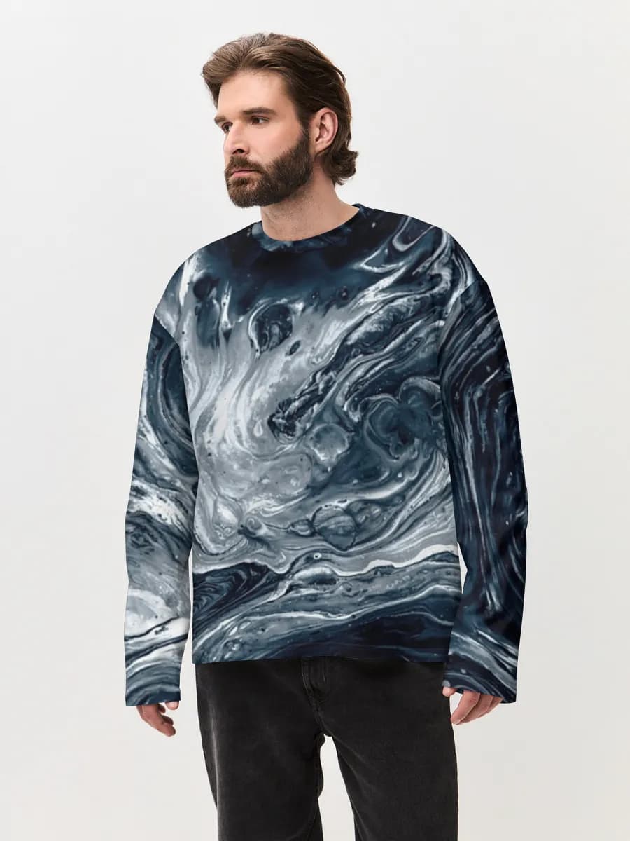 Midnight Marble Swirl — Men's oversized cotton long sleeve with all-over print, Abstract theme
