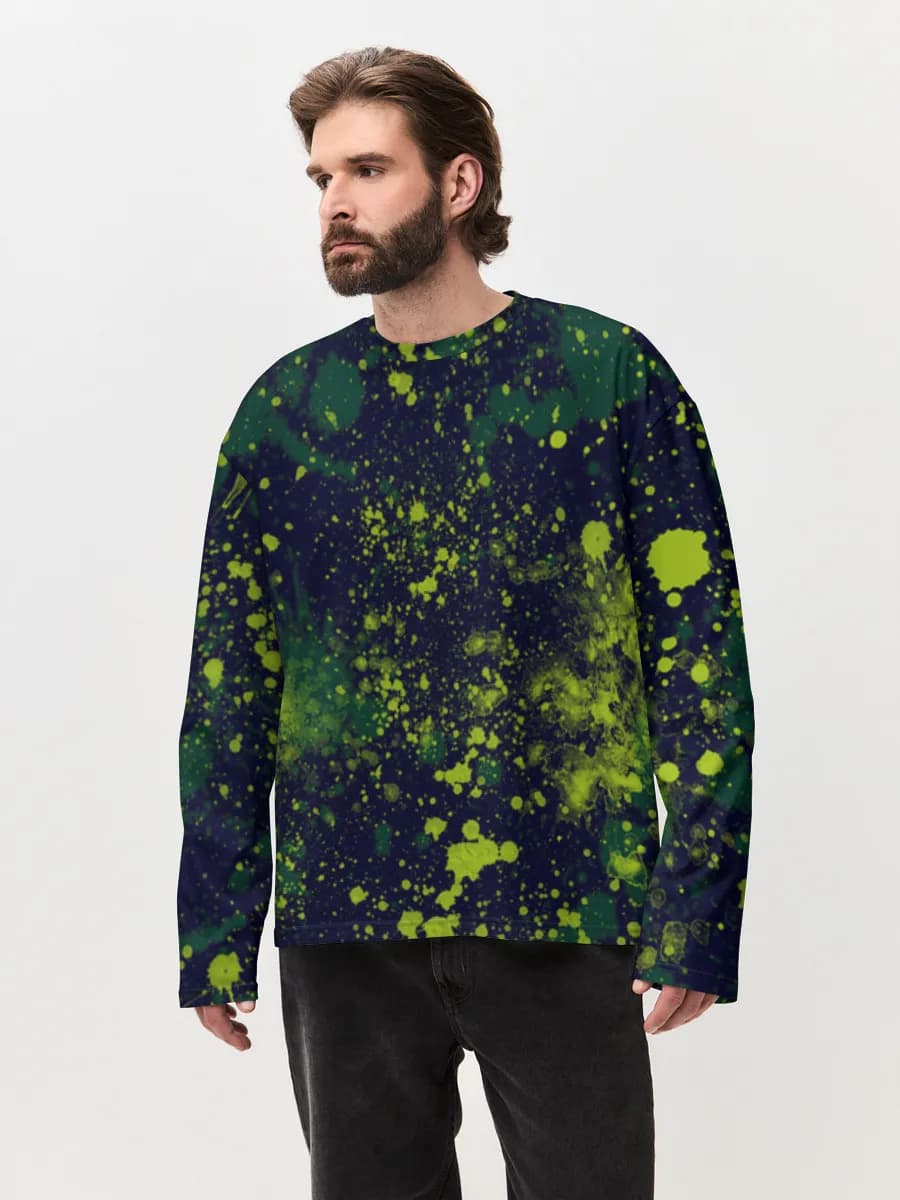 Neon Green Paint Splatter — Men's oversized cotton long sleeve with all-over print, Abstract theme