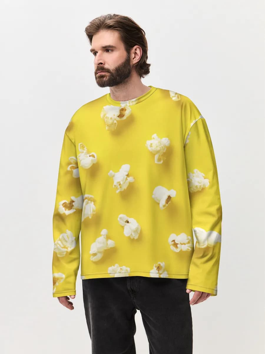 Popcorn On Yellow — Men's oversized cotton long sleeve with all-over print, Popcorn theme