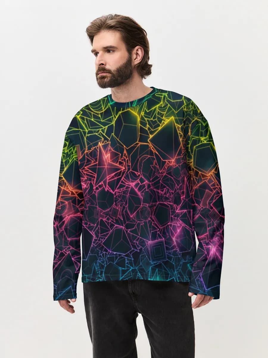 Neon Geometric Glow — Men's oversized cotton long sleeve with all-over print, Abstract theme