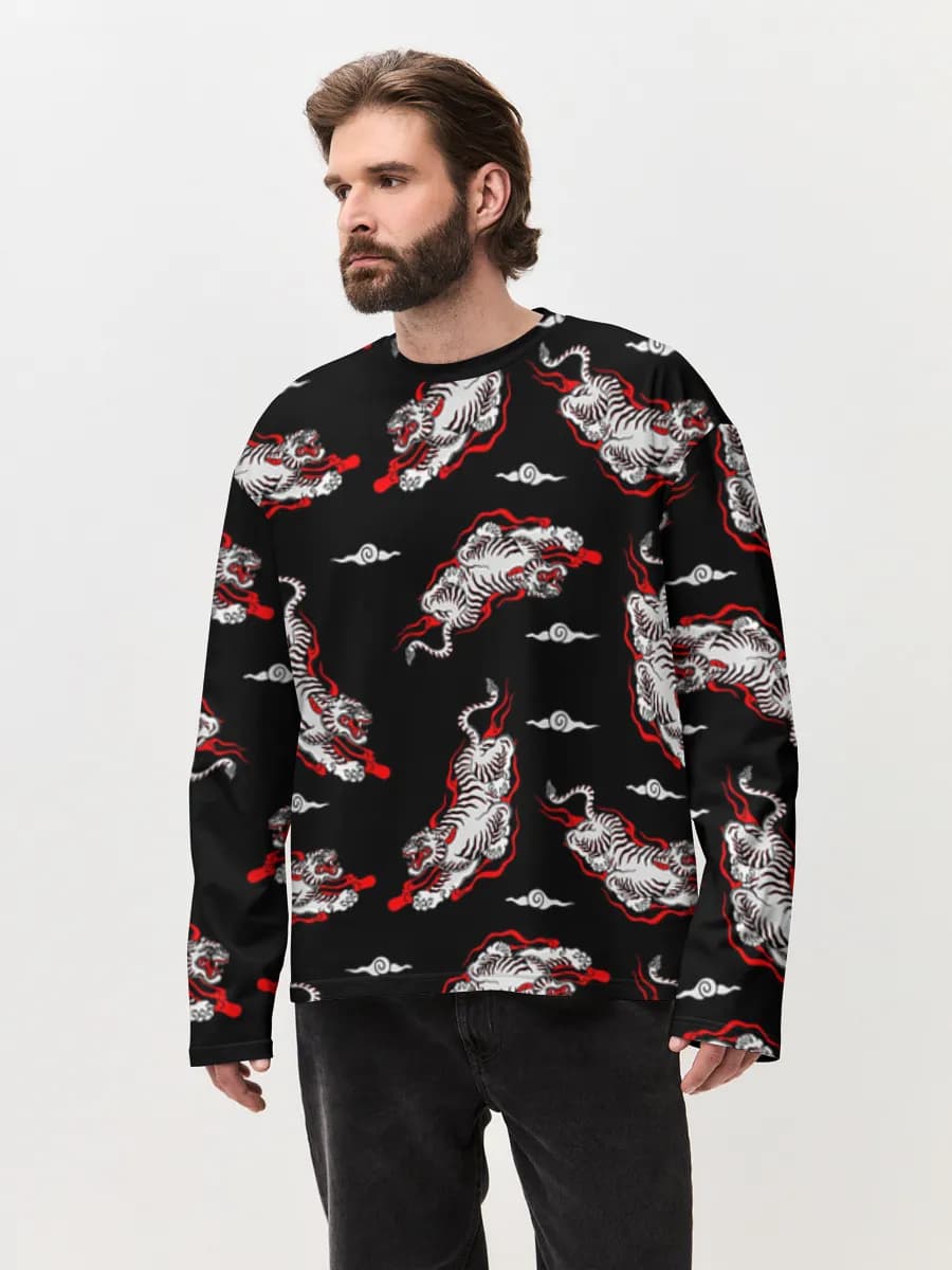 Flaming White Tiger — Men's oversized cotton long sleeve with all-over print, Tiger theme