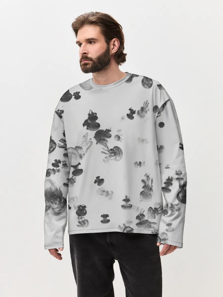 Monochrome Jellyfish Drift — Men's oversized cotton long sleeve with all-over print, Jellyfish theme