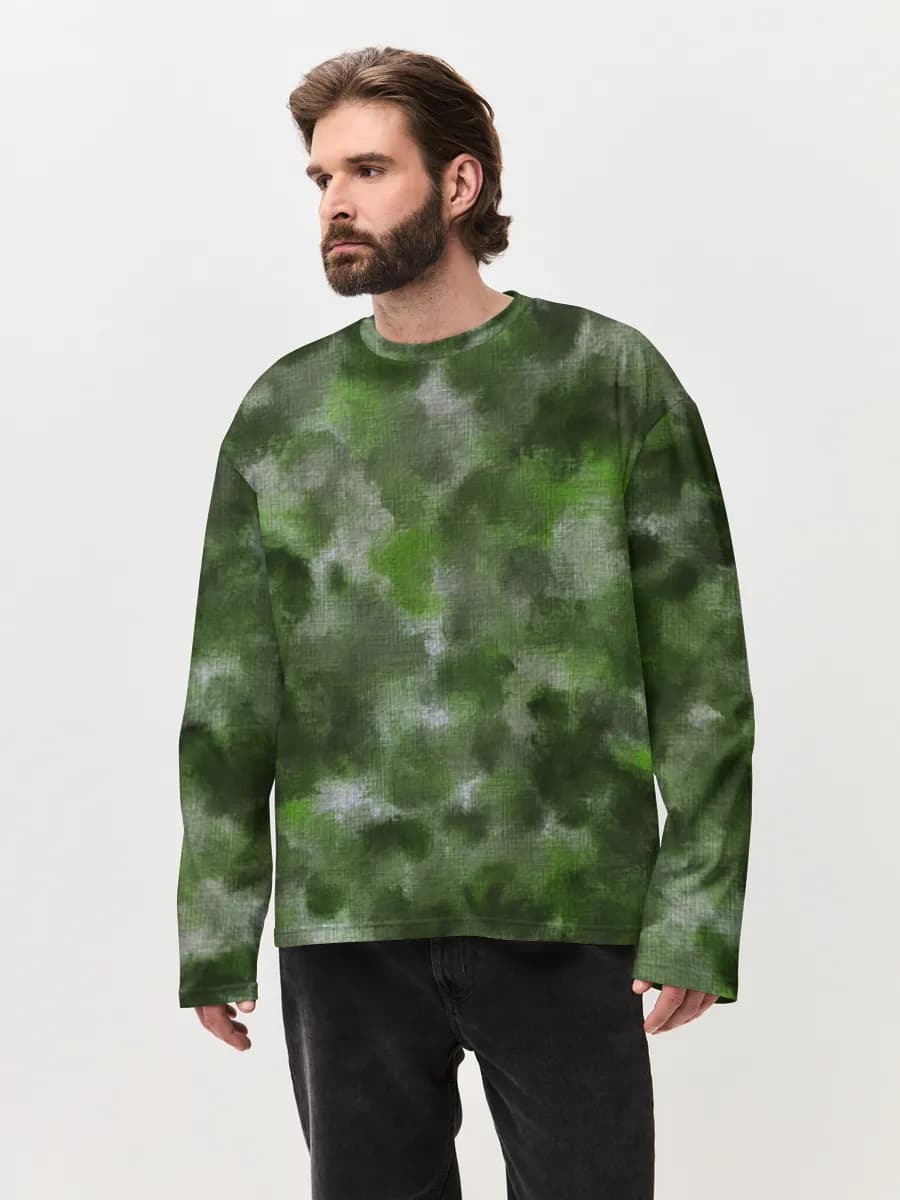 Green Watercolor Camo — Men's oversized cotton long sleeve with all-over print, Camouflage theme