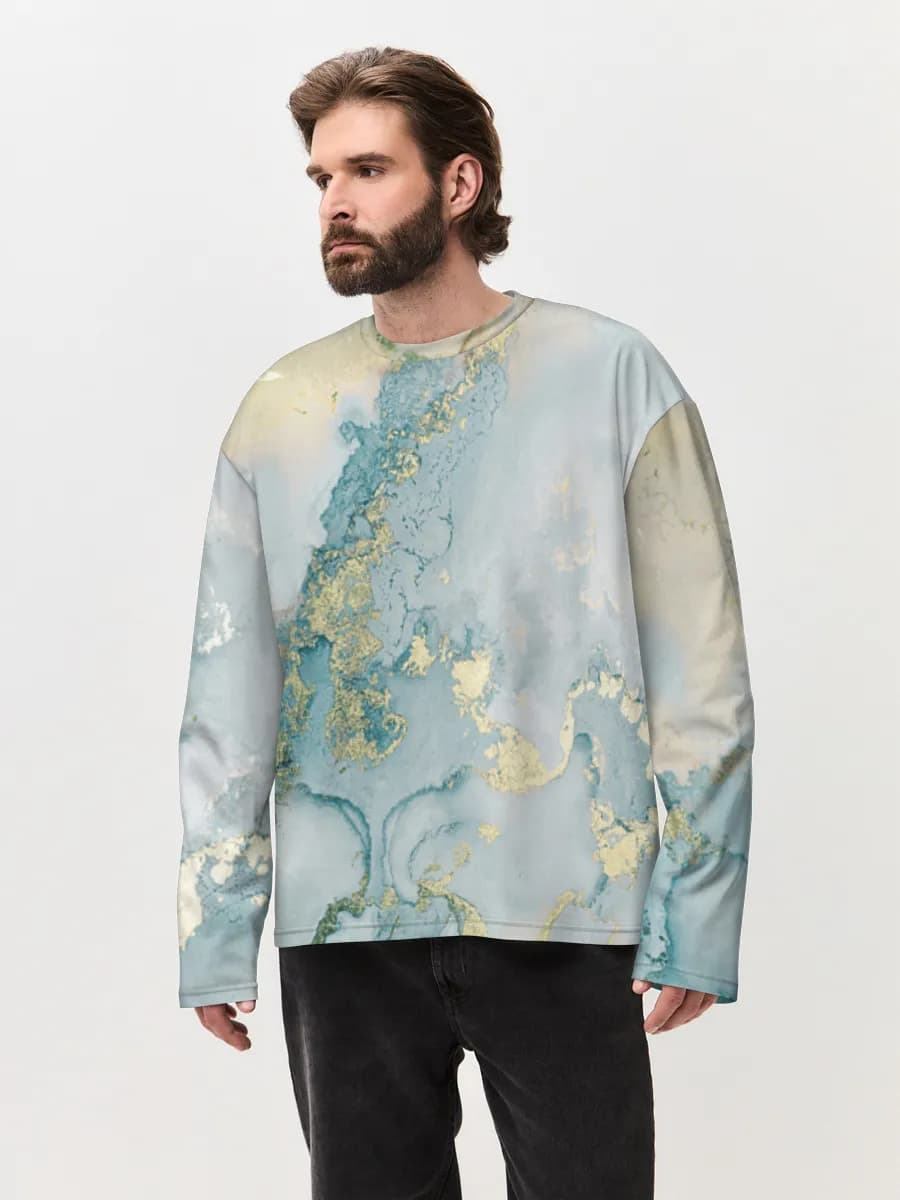 Turquoise Gold Fluid Art — Men's oversized cotton long sleeve with all-over print, Abstract theme