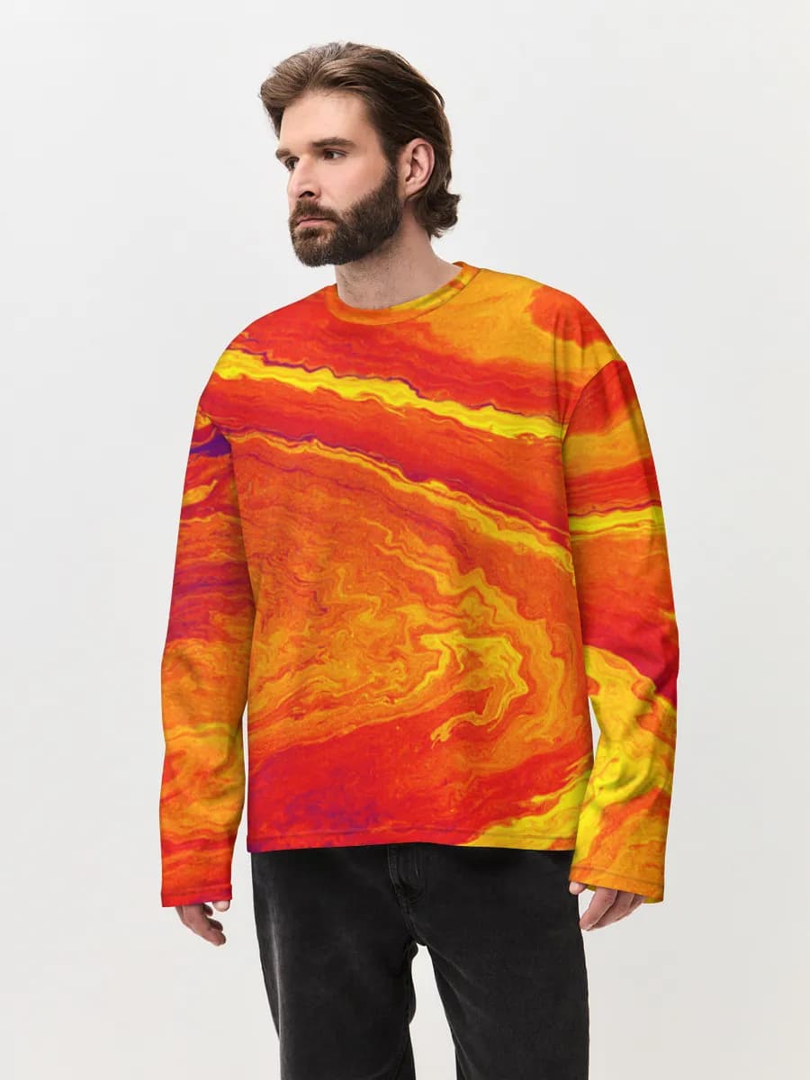 Fiery Marbled Swirl — Men's oversized cotton long sleeve with all-over print, Abstract theme