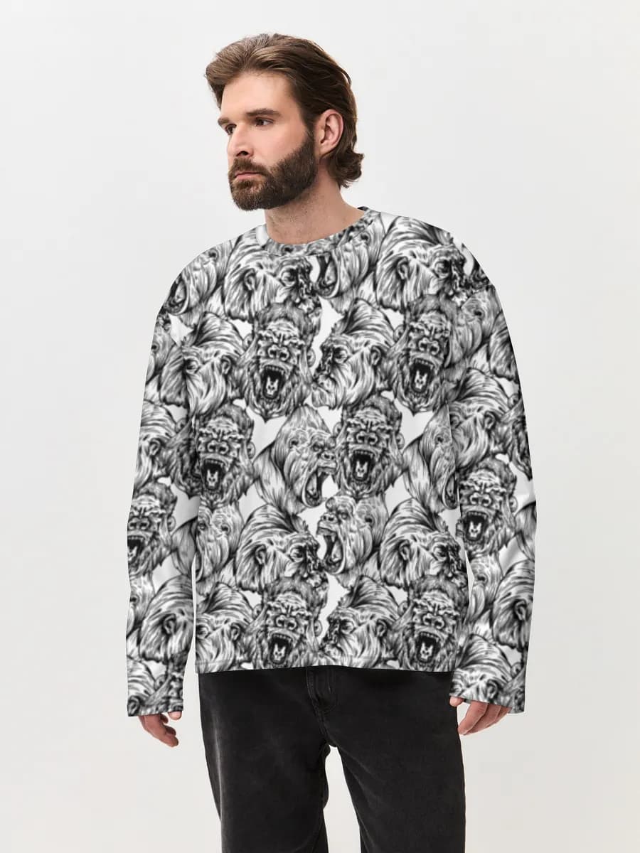 Roaring Gorilla Sketch — Men's oversized cotton long sleeve with all-over print, Gorilla theme