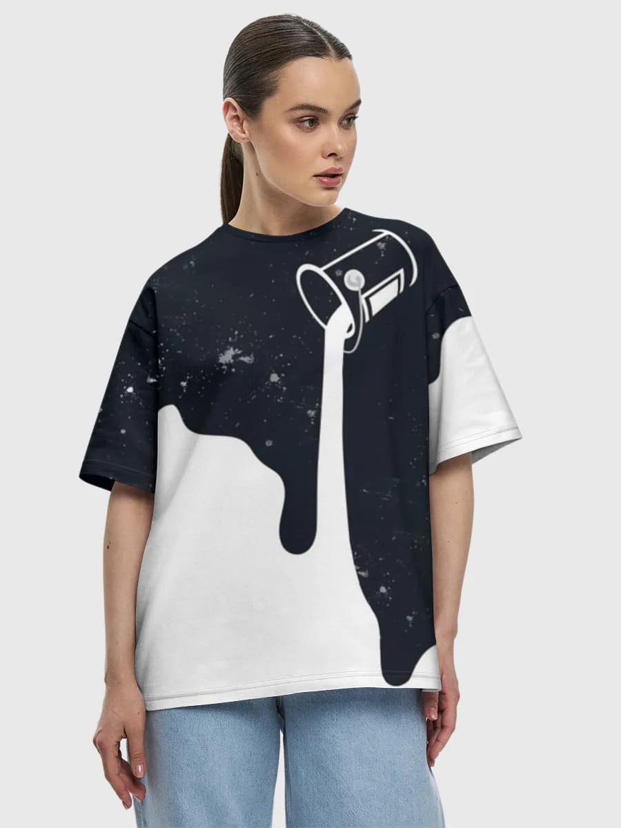 Cosmic Milk Spill — Women's oversized cotton T-shirt with all-over print, Space theme