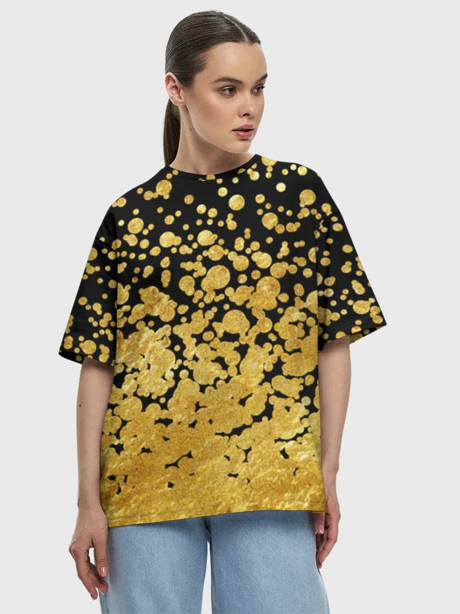 Gold Glitter Confetti Burst — Women's oversized cotton T-shirt with all-over print, Glitter theme