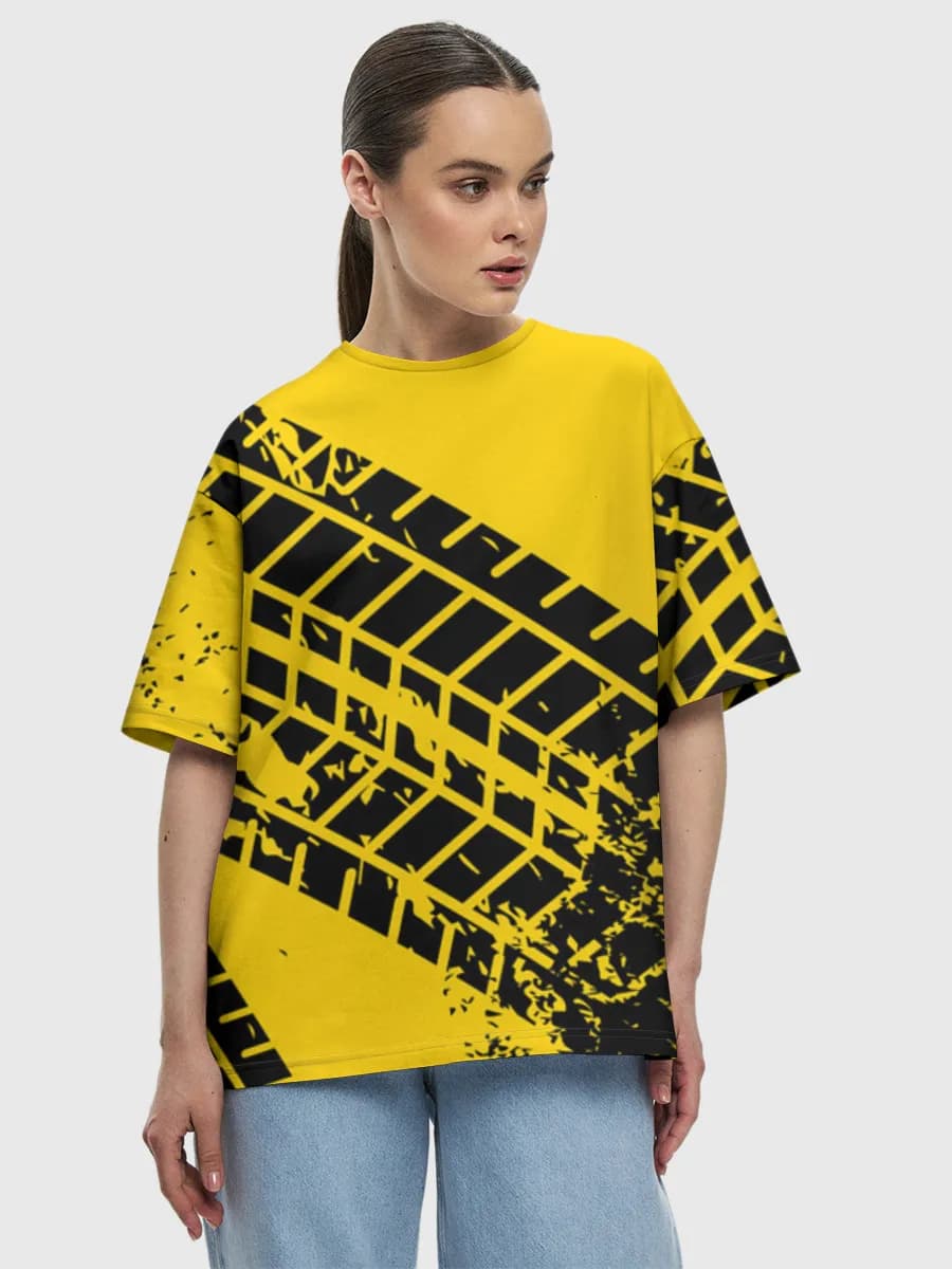Grunge Tire Track Splash — Women's oversized cotton T-shirt with all-over print, Grunge theme