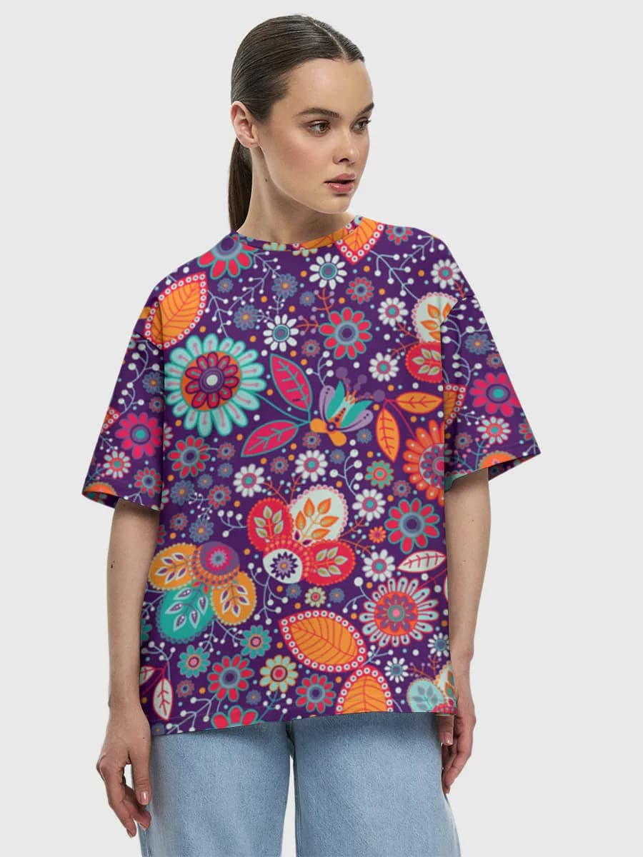 Colorful Boho Floral Garden — Women's oversized cotton T-shirt with all-over print, Floral theme