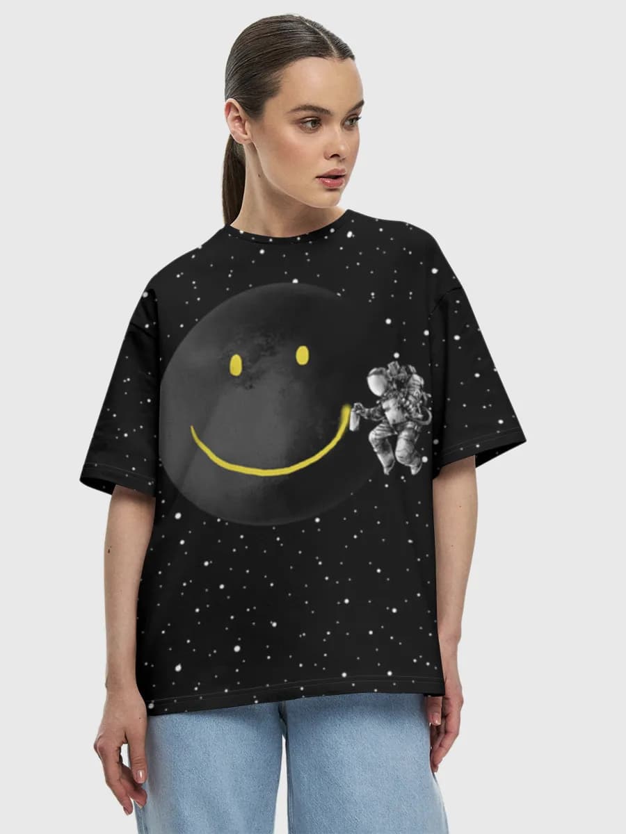 Astronaut Painting Smiley Moon — all-over print Women's oversized cotton T-shirt, Space theme