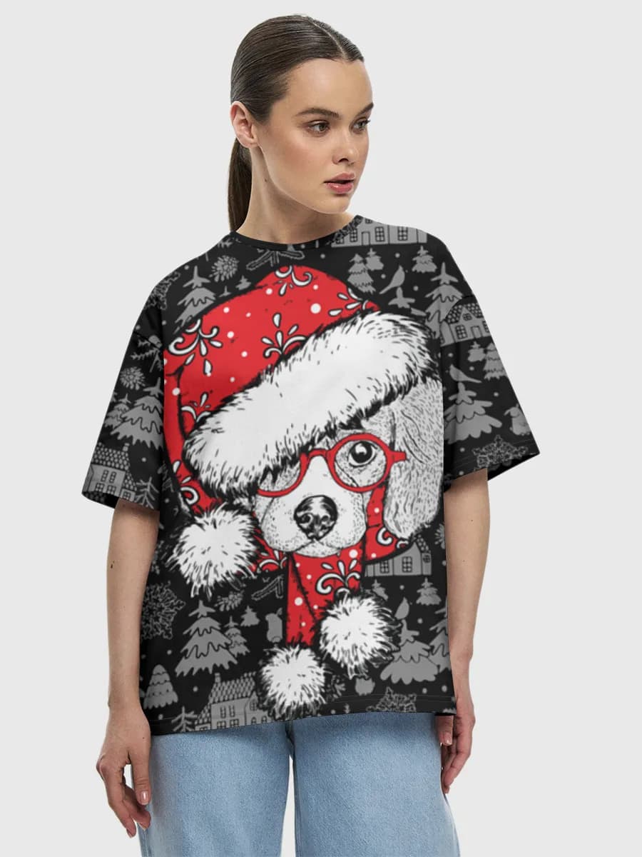 Santa Hat Puppy — Women's oversized cotton T-shirt with all-over print, Holidays theme