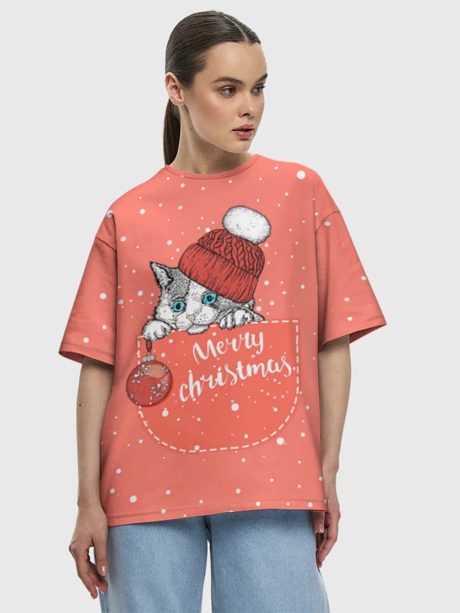 Merry Christmas Pocket Cat — all-over print Women's oversized cotton T-shirt, Holidays theme
