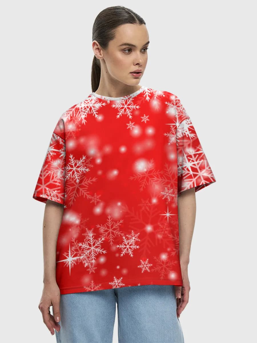 Red Snowflake Glow — all-over print Women's oversized cotton T-shirt, Holidays theme