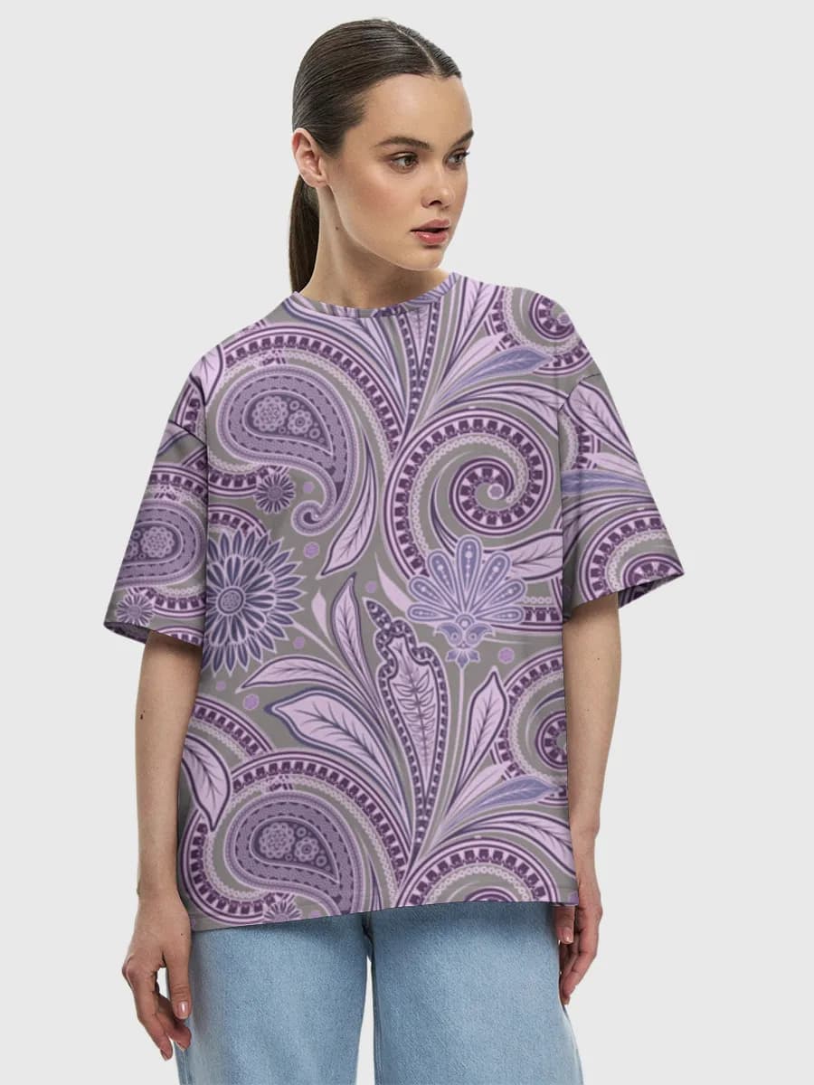 Purple Paisley Florals — Women's oversized cotton T-shirt with all-over print, Paisley theme