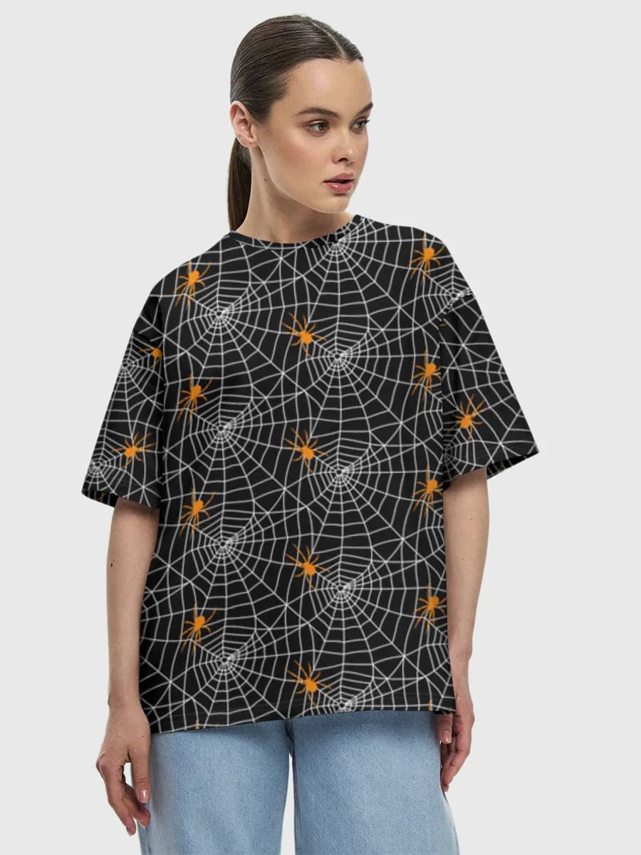 Spooky Spider Webs — Women's oversized cotton T-shirt with all-over print, Spiders theme