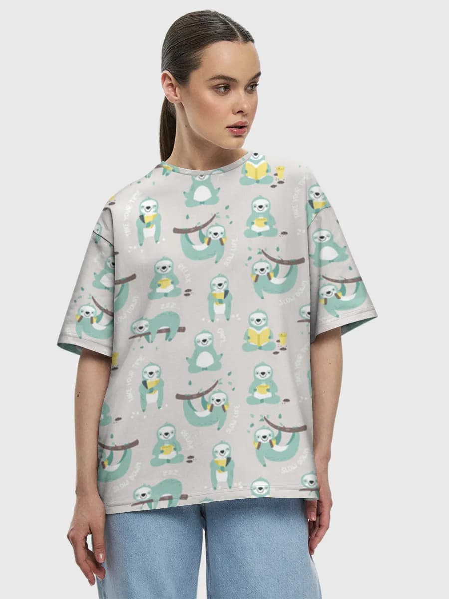Relaxing Sloth Vibes — Women's oversized cotton T-shirt with all-over print, Sloth theme