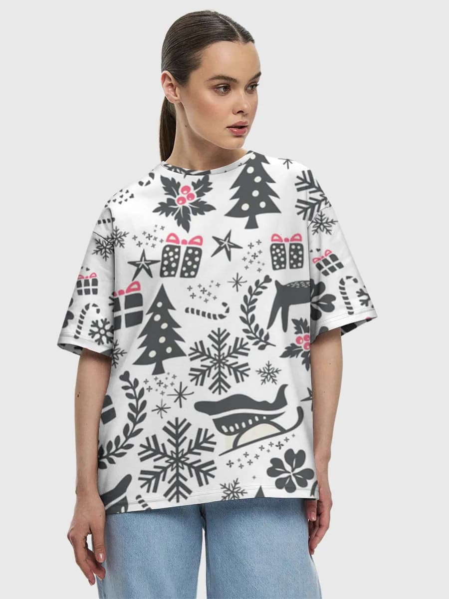 Scandinavian Christmas Reindeer Icons — Women's oversized cotton T-shirt with all-over print, Holidays theme