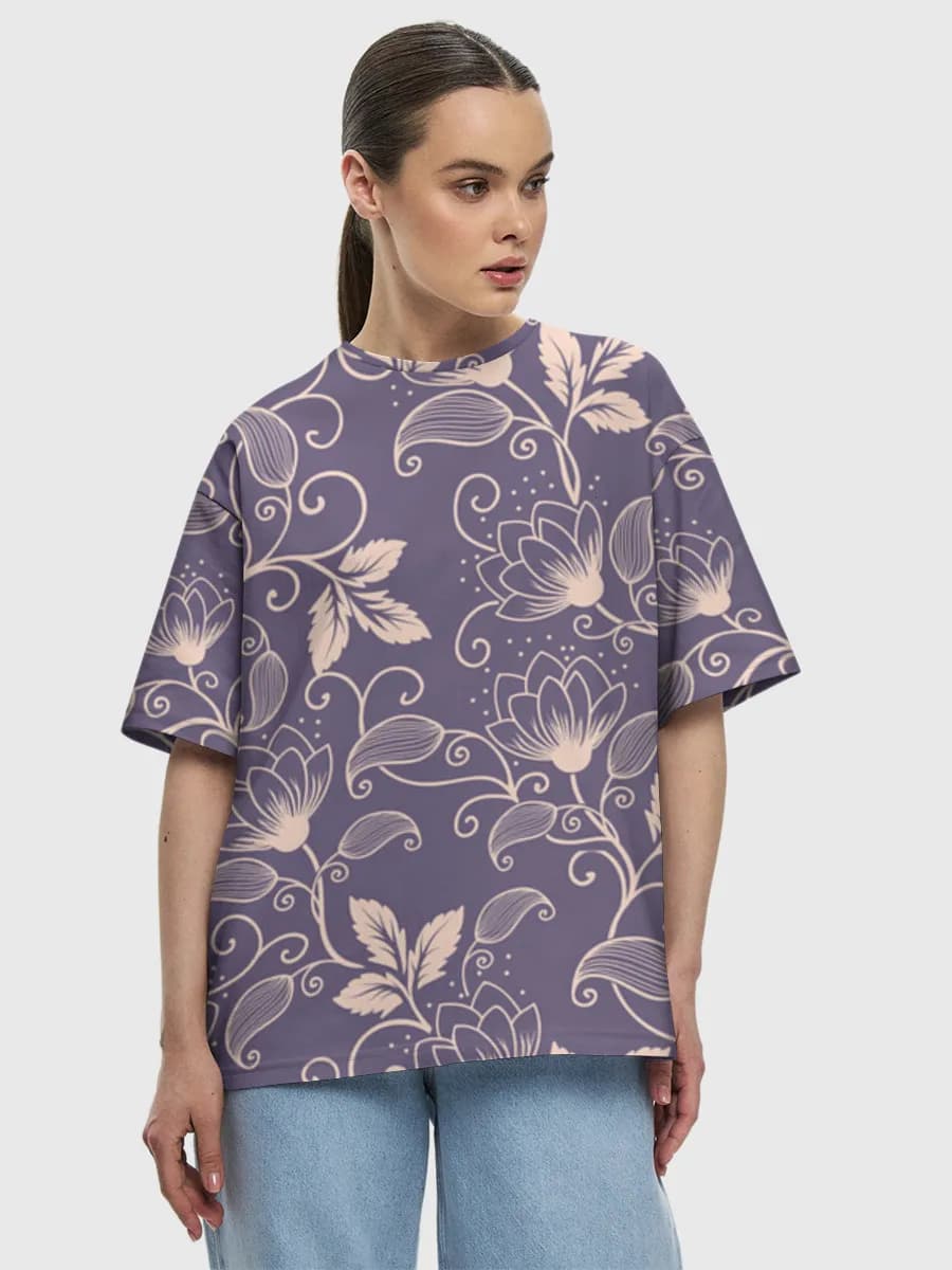 Lavender Floral Vines — Women's oversized cotton T-shirt with all-over print, Floral theme