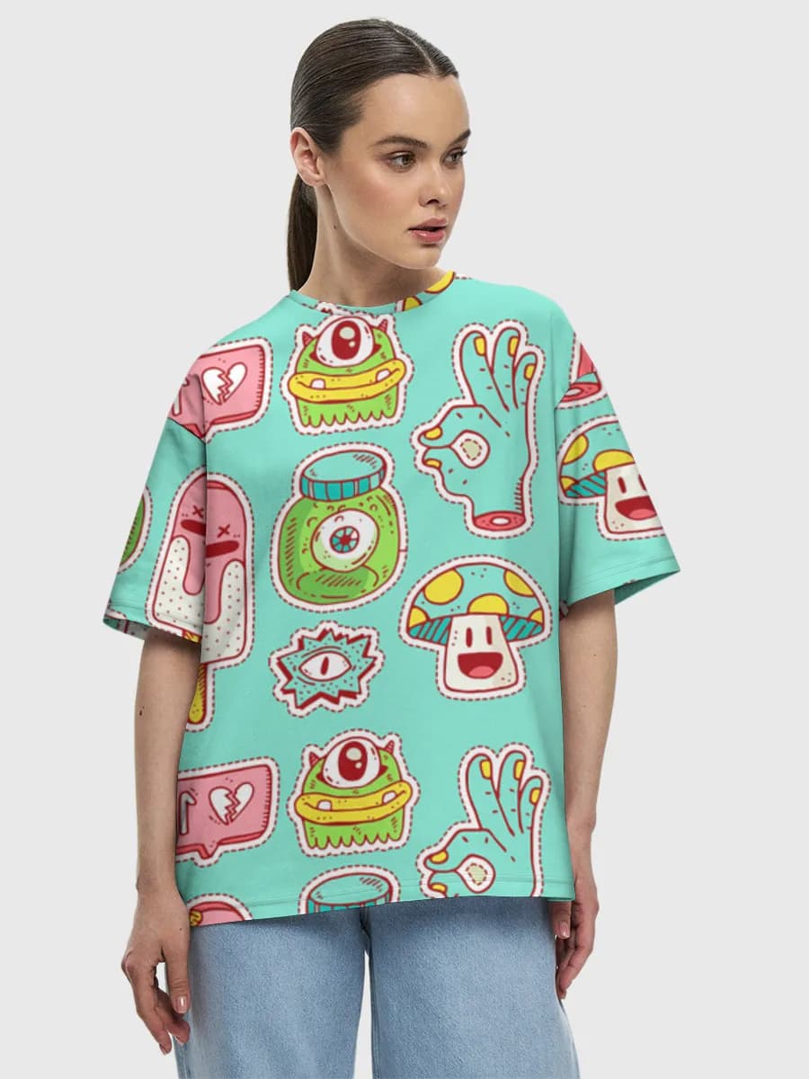 Kawaii Spooky Stickers — Women's oversized cotton T-shirt with all-over print, Kawaii theme