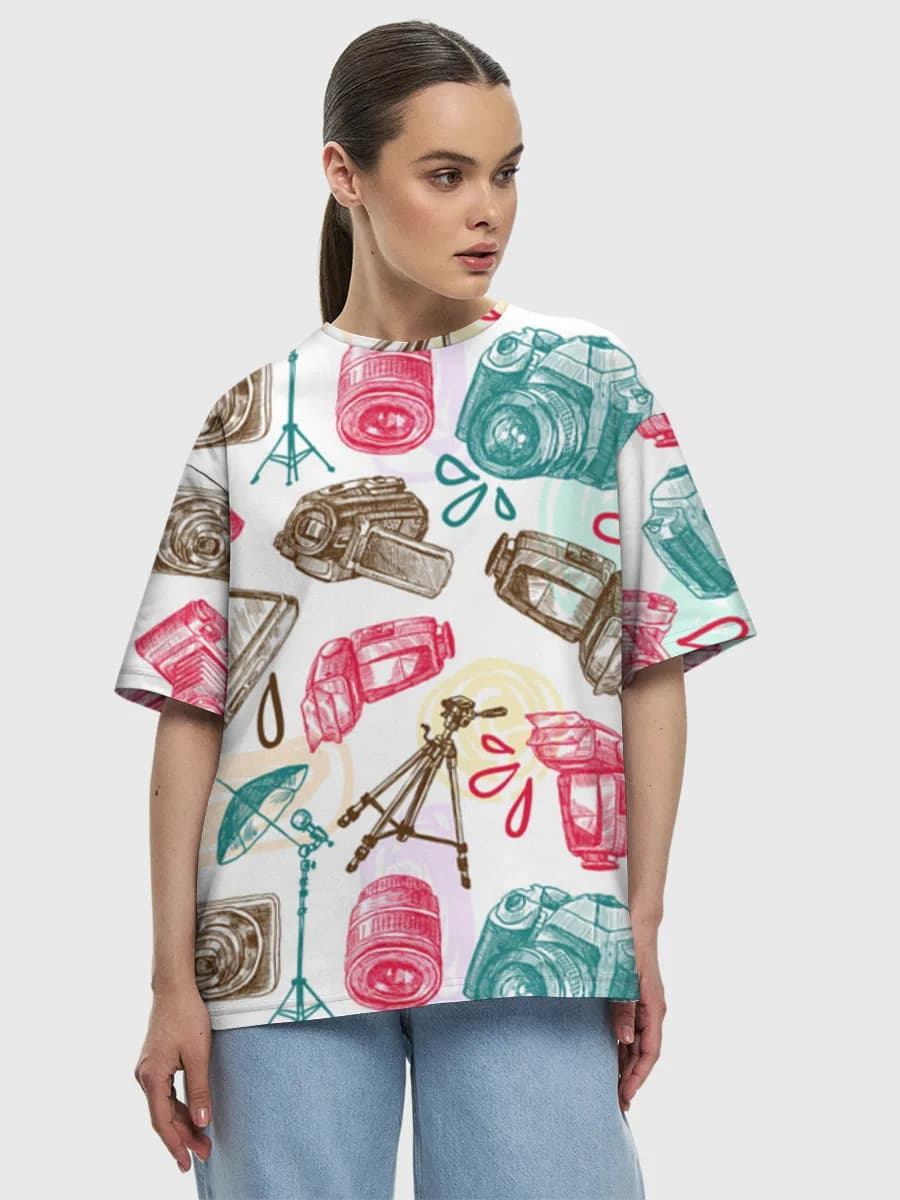 Hand Drawn Camera Gear — Women's oversized cotton T-shirt with all-over print, Photography theme