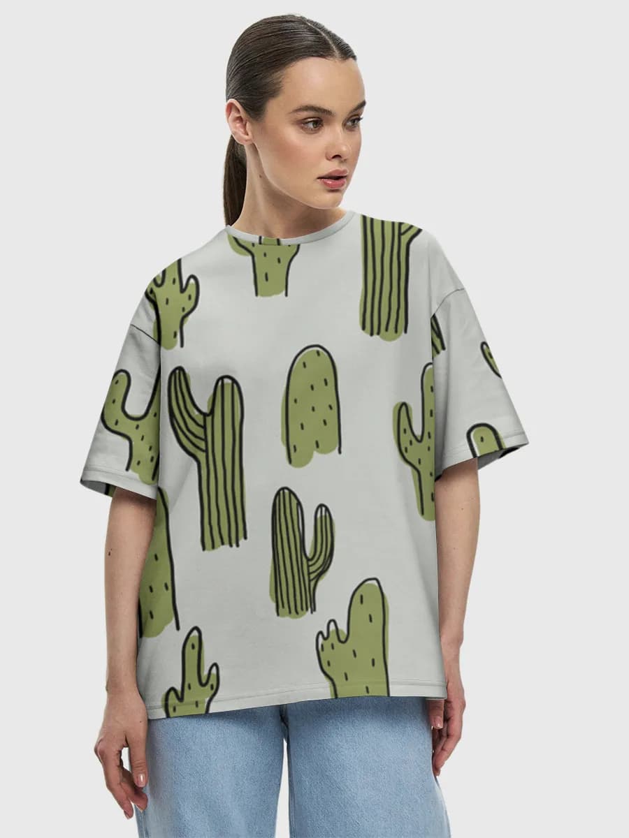 Hand Drawn Cactus Doodles — Women's oversized cotton T-shirt with all-over print, Cactus theme