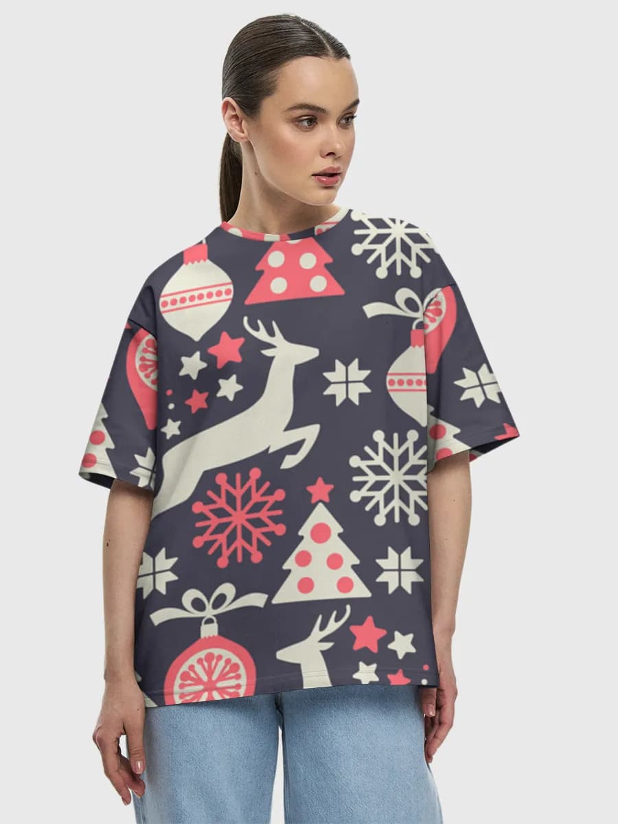 Festive Reindeer Christmas Icons — Women's oversized cotton T-shirt with all-over print, Holidays theme