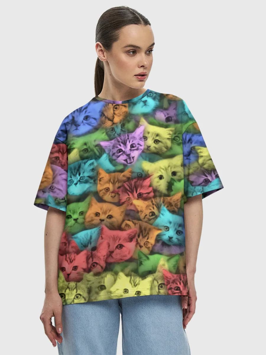 Rainbow Pop Art Kittens — Women's oversized cotton T-shirt with all-over print, Cats theme