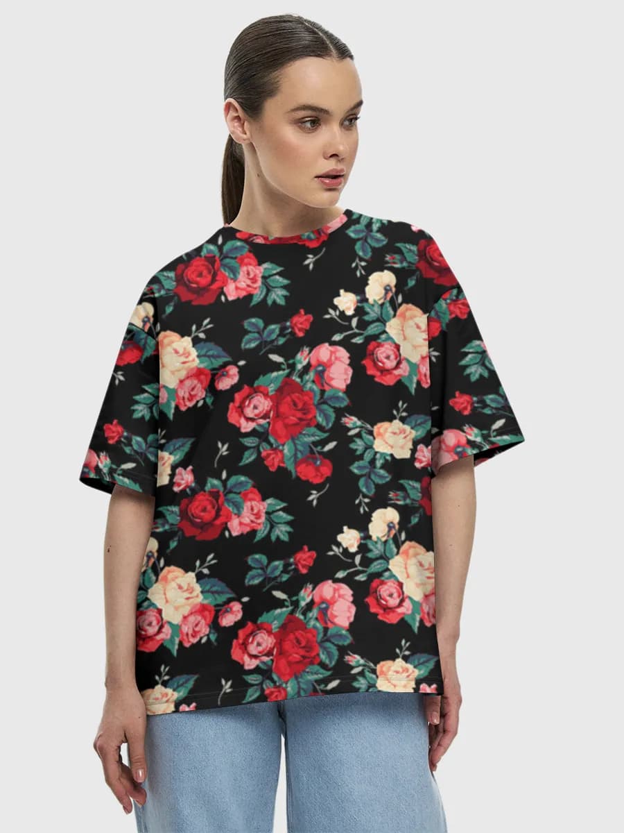 Vintage Roses On Black — Women's oversized cotton T-shirt with all-over print, Floral theme