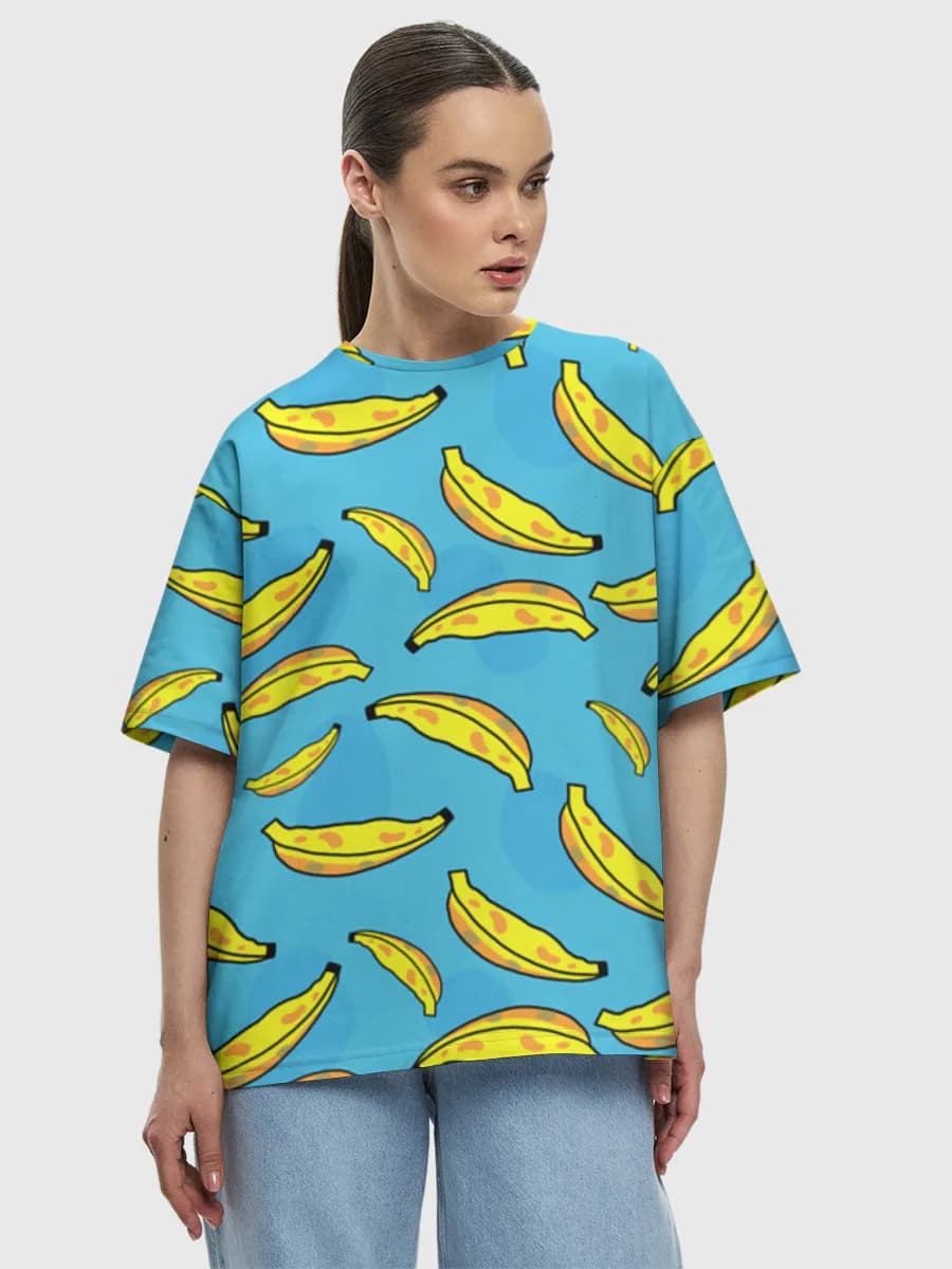 Cartoon Banana Print — Women's oversized cotton T-shirt with all-over print, Banana theme