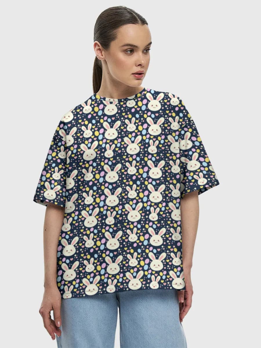 Kawaii Bunny Hearts — Women's oversized cotton T-shirt with all-over print, Bunny theme
