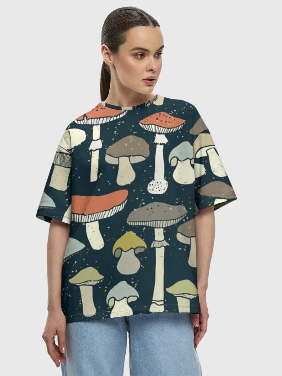 Whimsical Mushroom Medley — Women's oversized cotton T-shirt with all-over print, Mushrooms theme