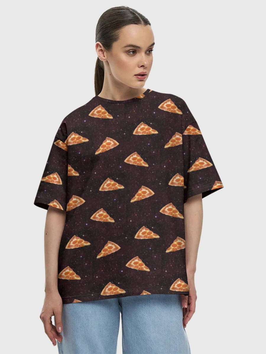 Pizza In Space — Women's oversized cotton T-shirt with all-over print, Pizza theme