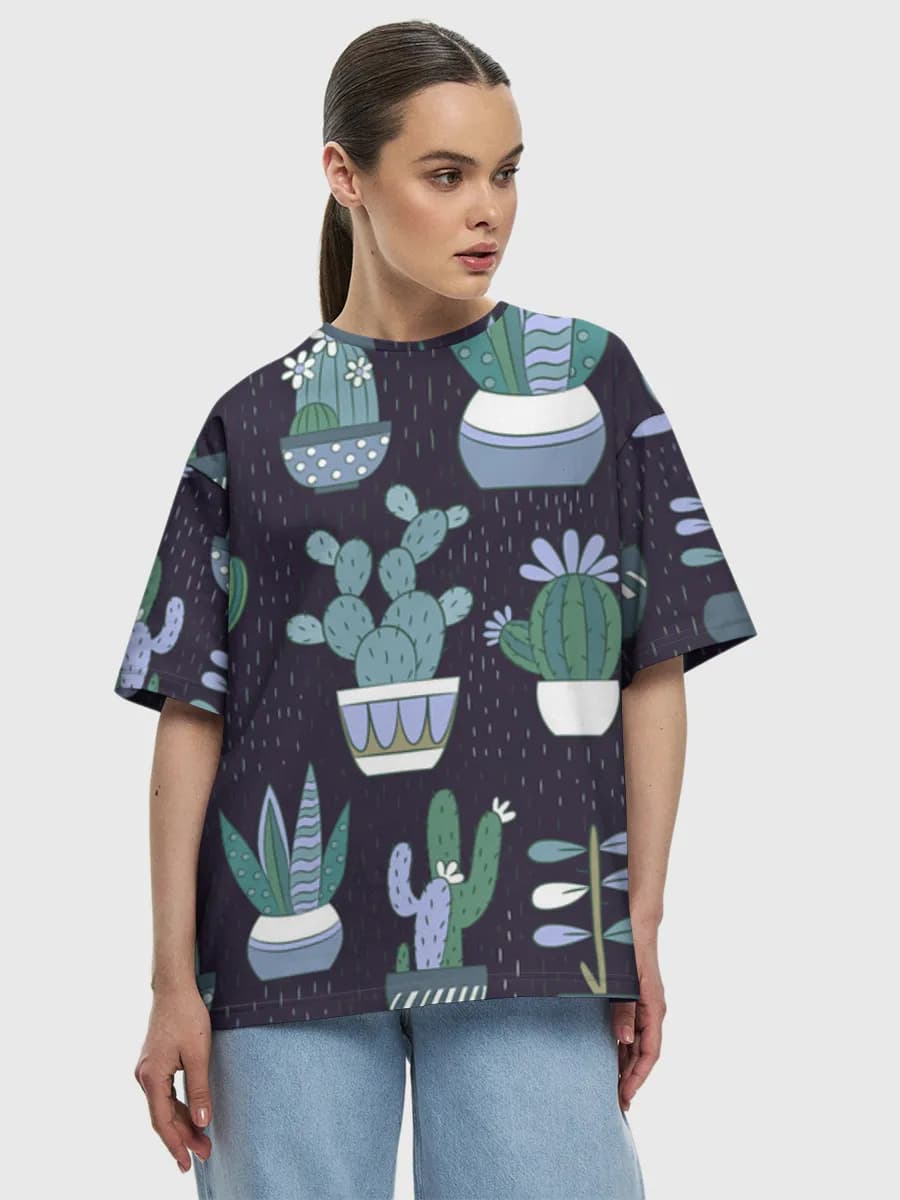 Potted Cactus Garden — Women's oversized cotton T-shirt with all-over print, Cactus theme