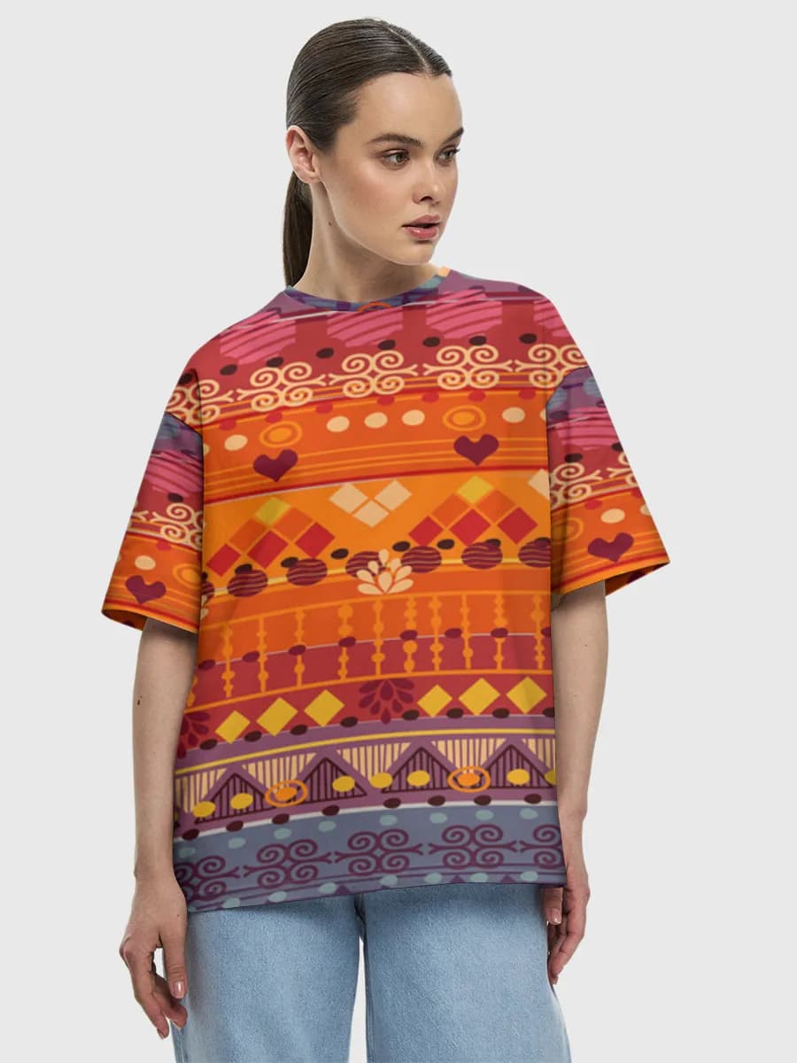 Boho Geometric Stripes — Women's oversized cotton T-shirt with all-over print, Geometric theme