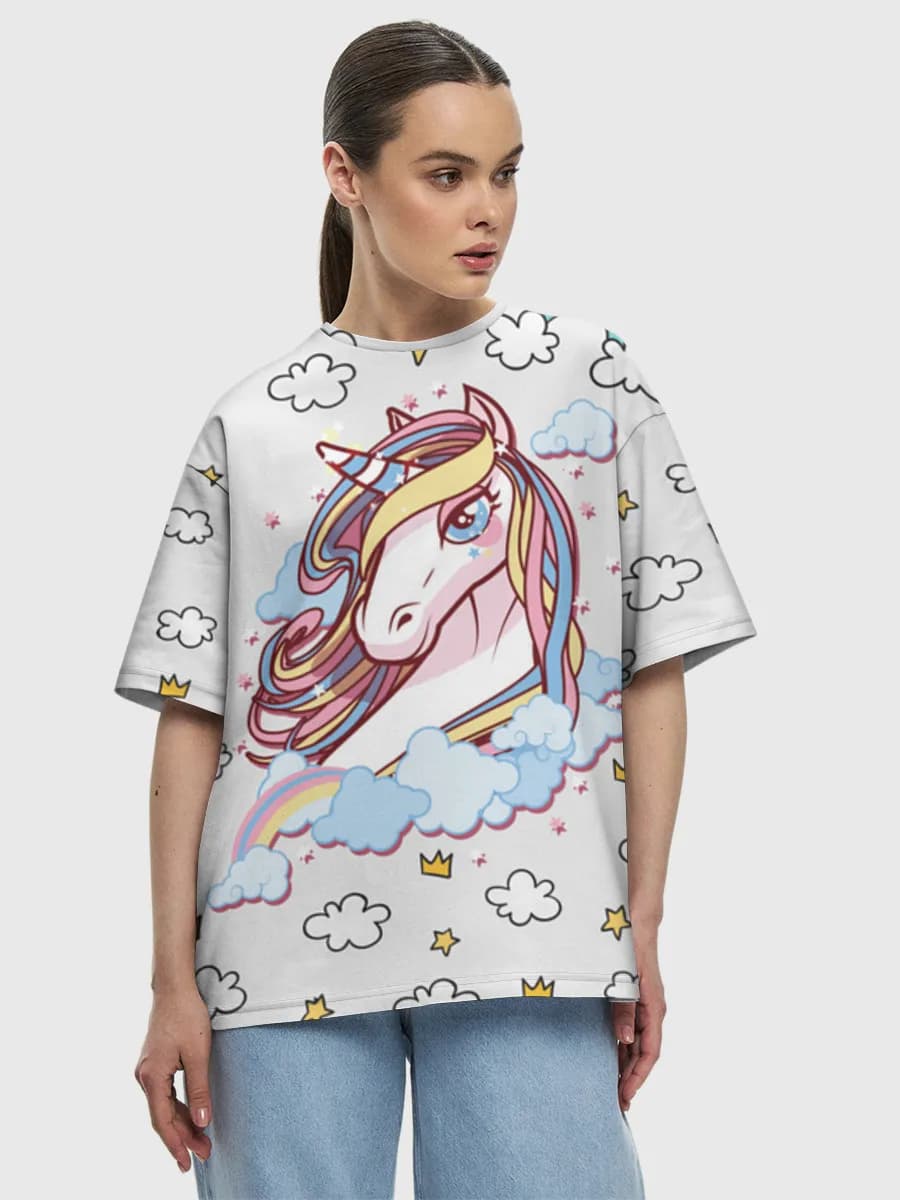 Pastel Rainbow Unicorn — Women's oversized cotton T-shirt with all-over print, Unicorn theme