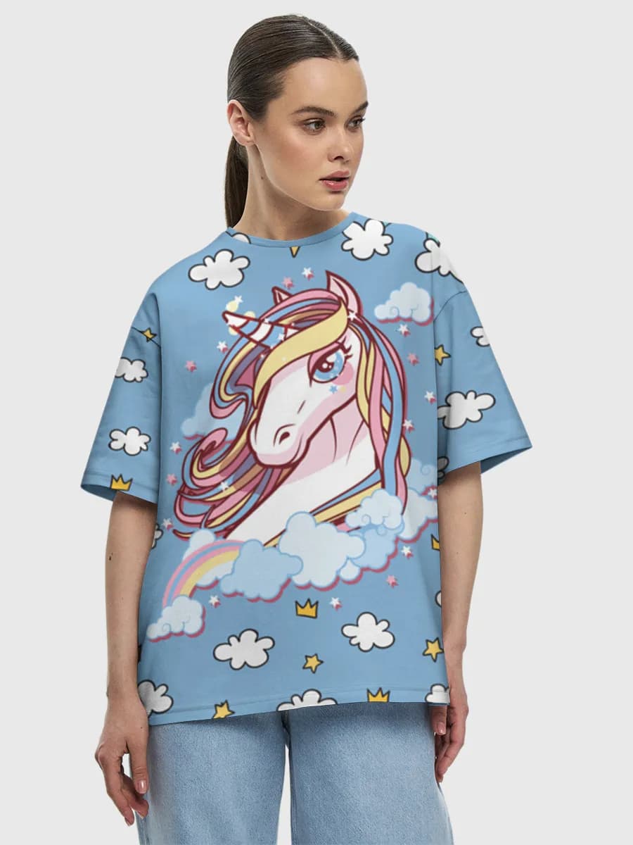 Pastel Unicorn In Clouds — Women's oversized cotton T-shirt with all-over print, Unicorn theme