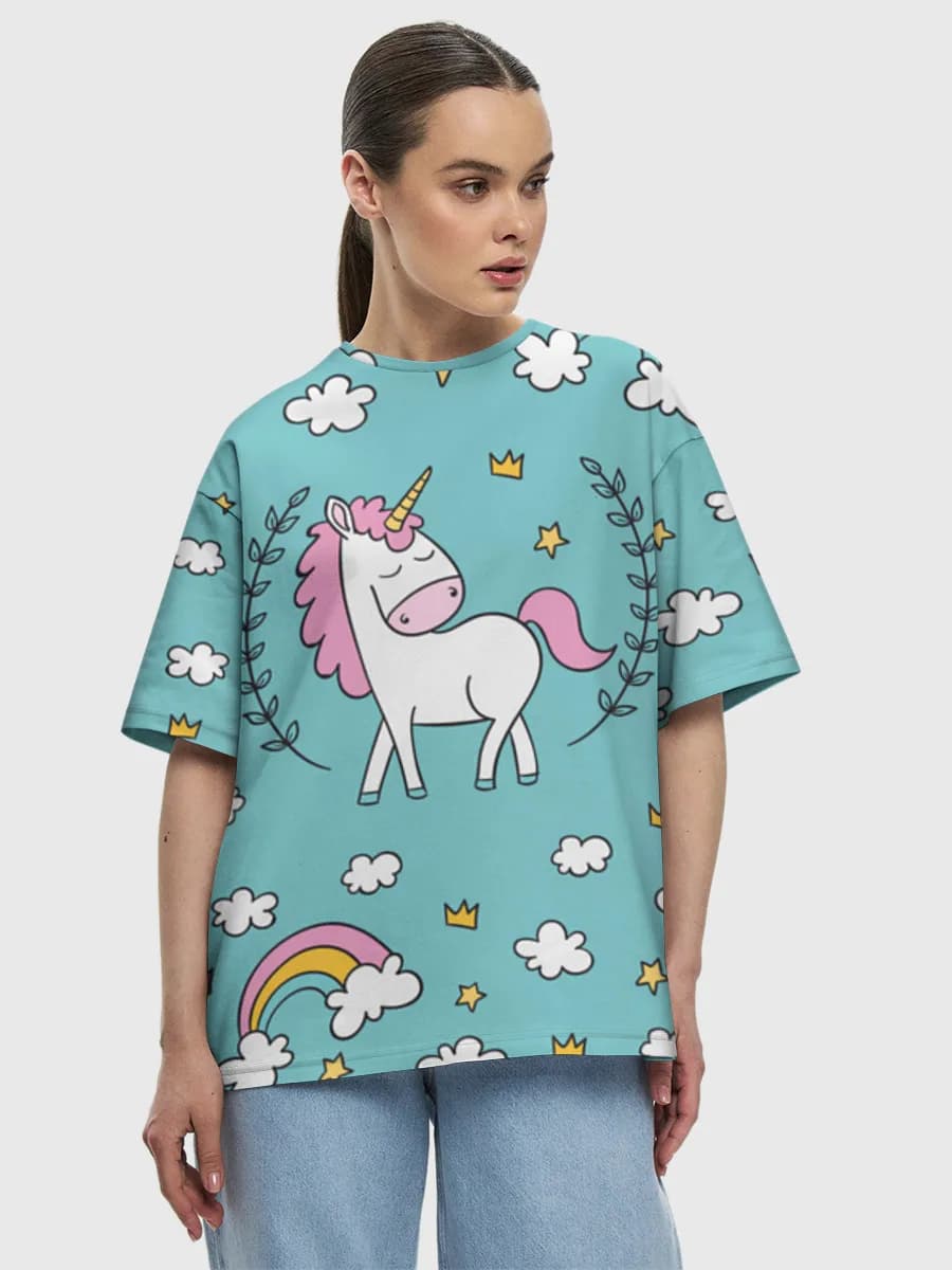 Cute Unicorn Sky — Women's oversized cotton T-shirt with all-over print, Unicorn theme