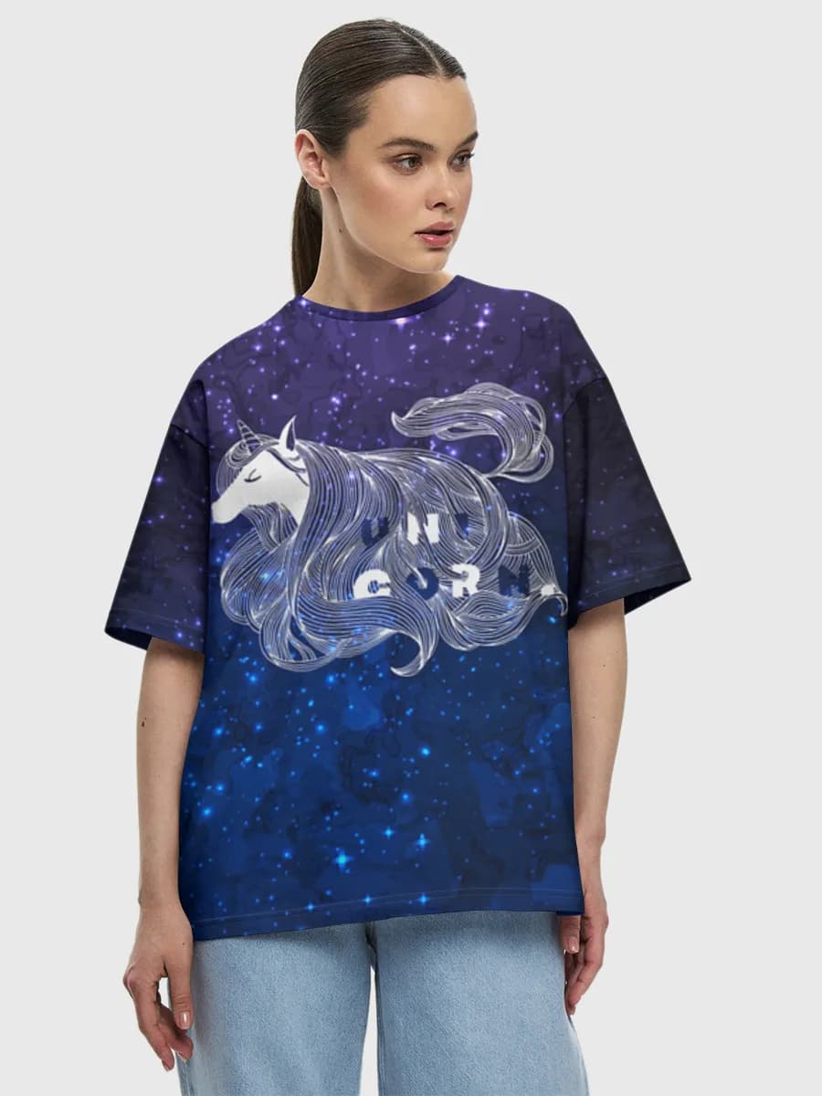 Cosmic Unicorn Girl — Women's oversized cotton T-shirt with all-over print, Unicorn theme