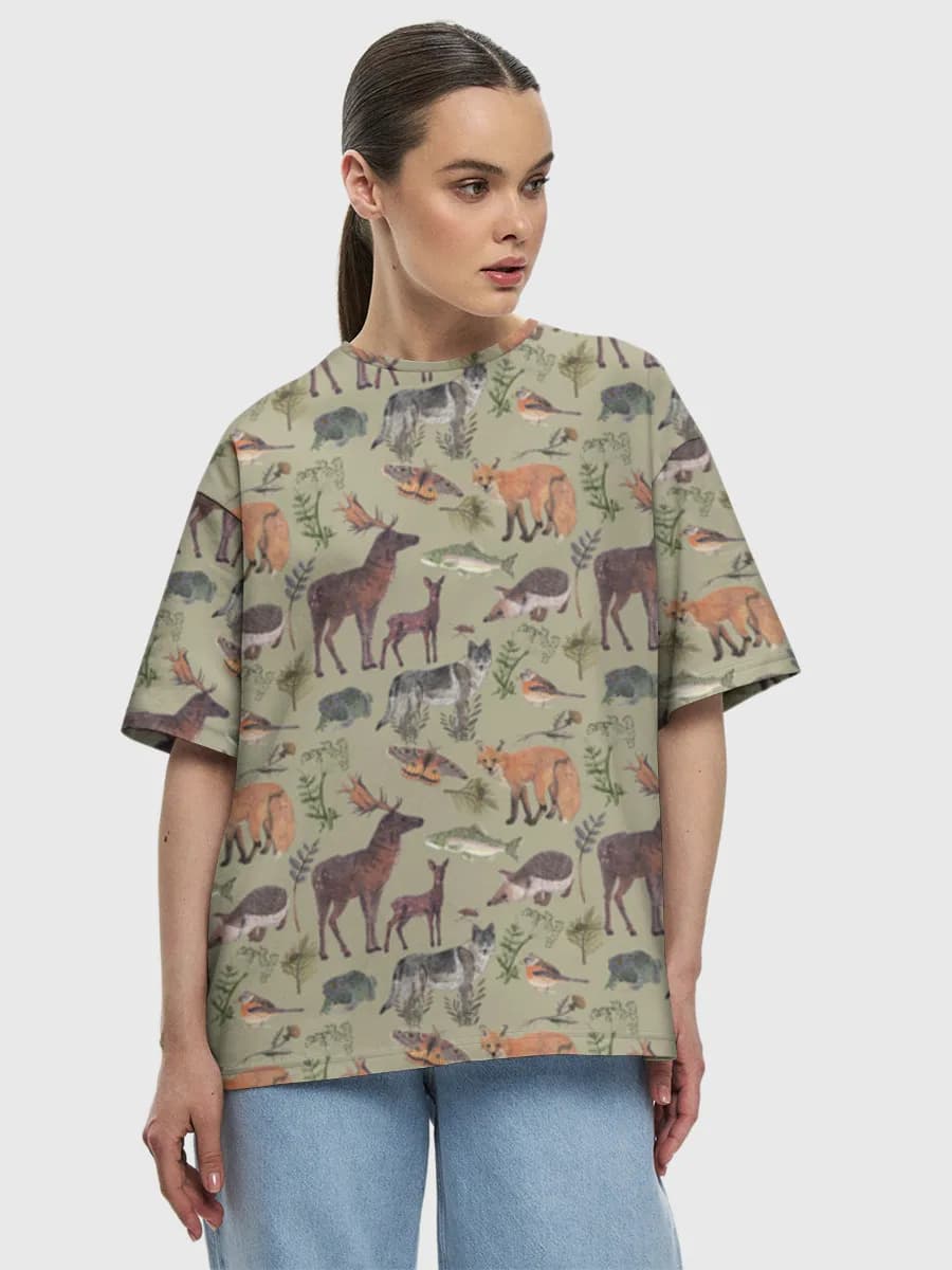 Woodland Wildlife Collage — Women's oversized cotton T-shirt with all-over print, Wildlife Art theme