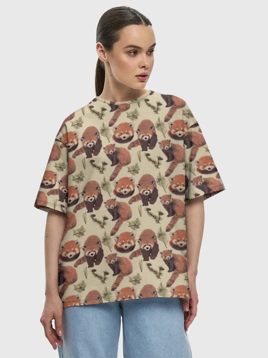 Cute Red Panda Forest — Women's oversized cotton T-shirt with all-over print, Red Panda theme