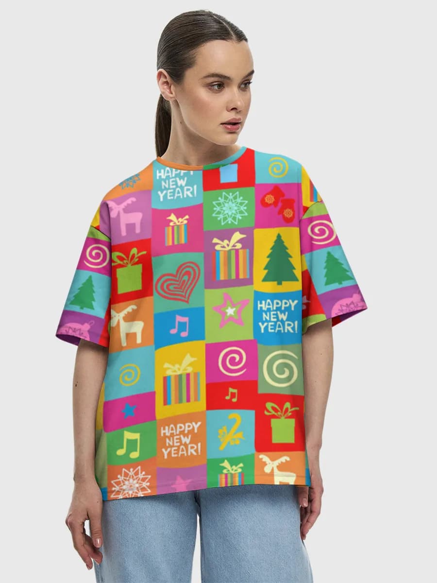 Happy New Year Blocks — Women's oversized cotton T-shirt with all-over print, New Year theme