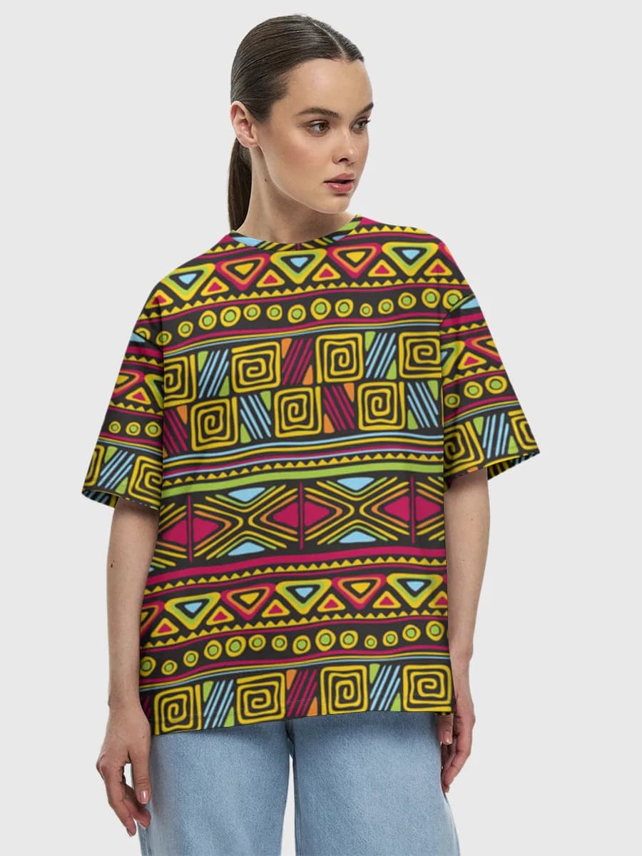 Tribal Geometric Stripes — Women's oversized cotton T-shirt with all-over print, Geometric theme