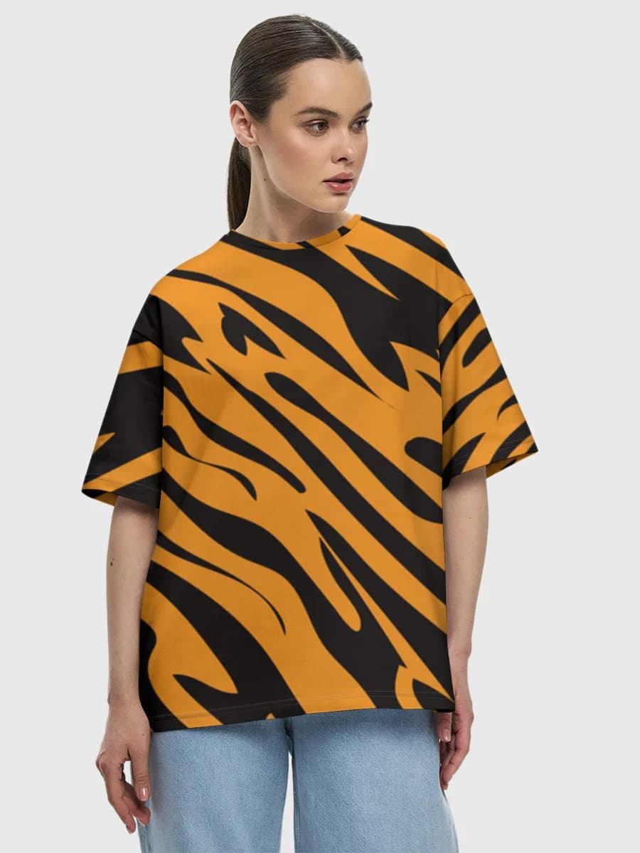 Orange Tiger Stripes — Women's oversized cotton T-shirt with all-over print, Animal Print theme