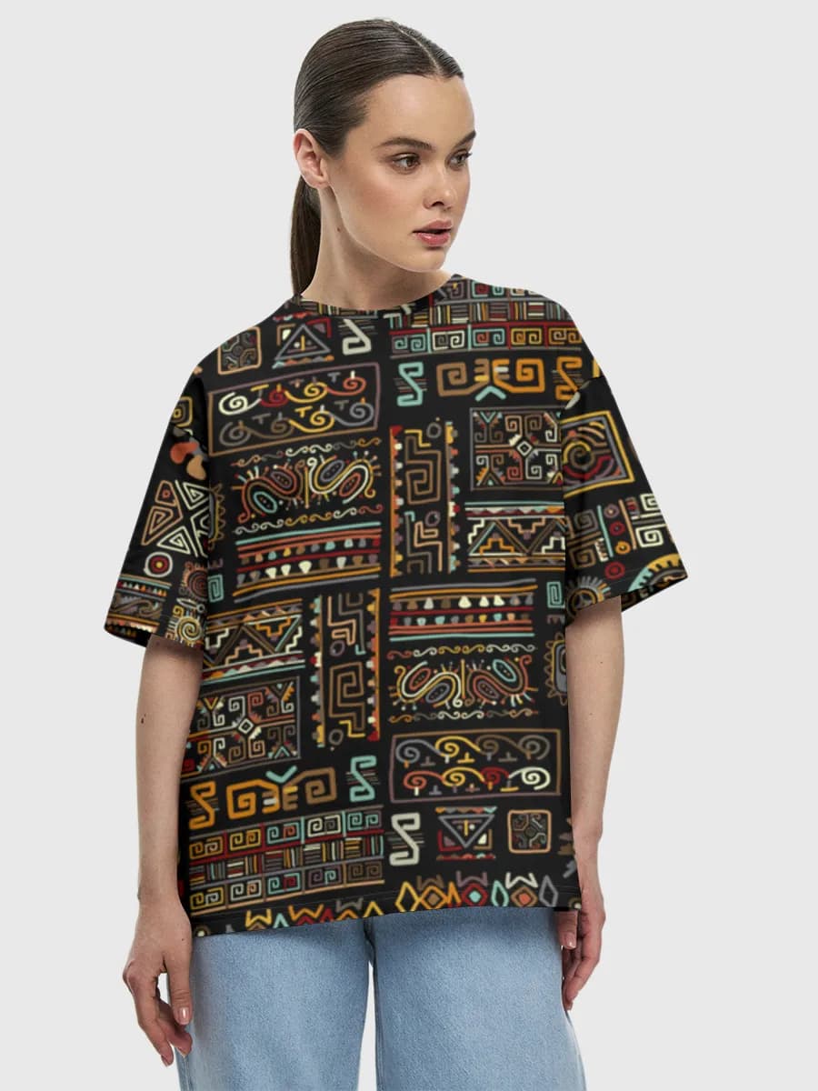 Aztec Tribal Geometric Motifs — Women's oversized cotton T-shirt with all-over print, Tribal Art theme
