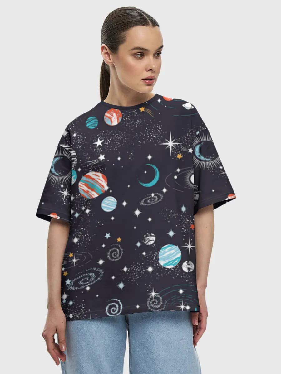 Cosmic Planets And Stars — Women's oversized cotton T-shirt with all-over print, Space theme