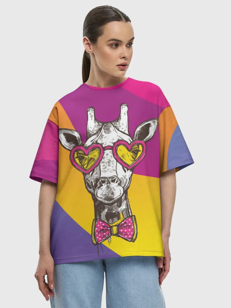 Giraffe In Heart Sunglasses — Women's oversized cotton T-shirt with all-over print, Giraffe theme