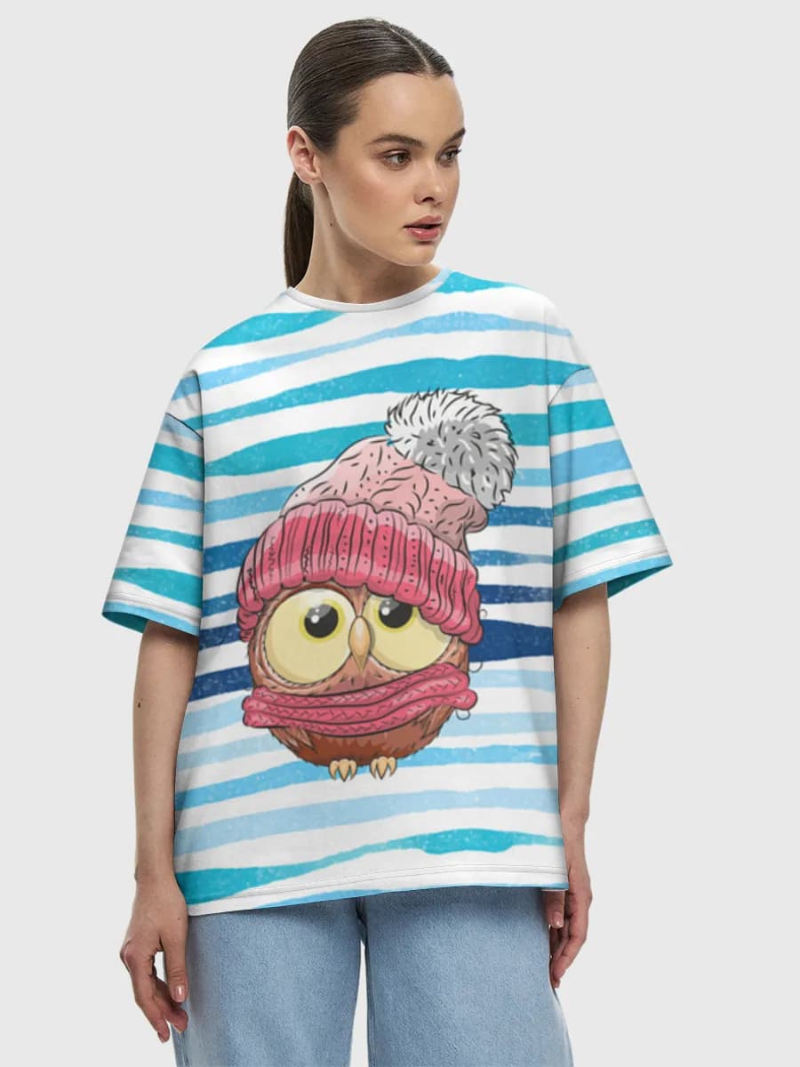 Cozy Owl In Beanie — Women's oversized cotton T-shirt with all-over print, Owl theme