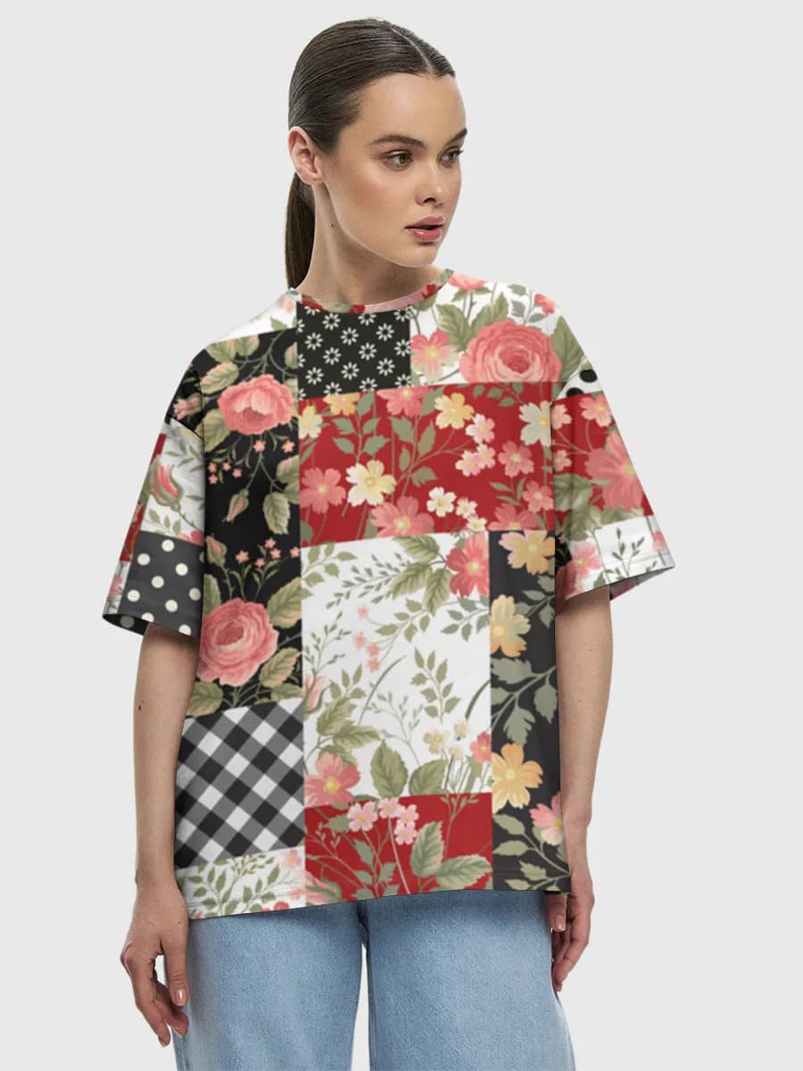 Vintage Floral Quilt Blocks — Women's oversized cotton T-shirt with all-over print, Floral theme