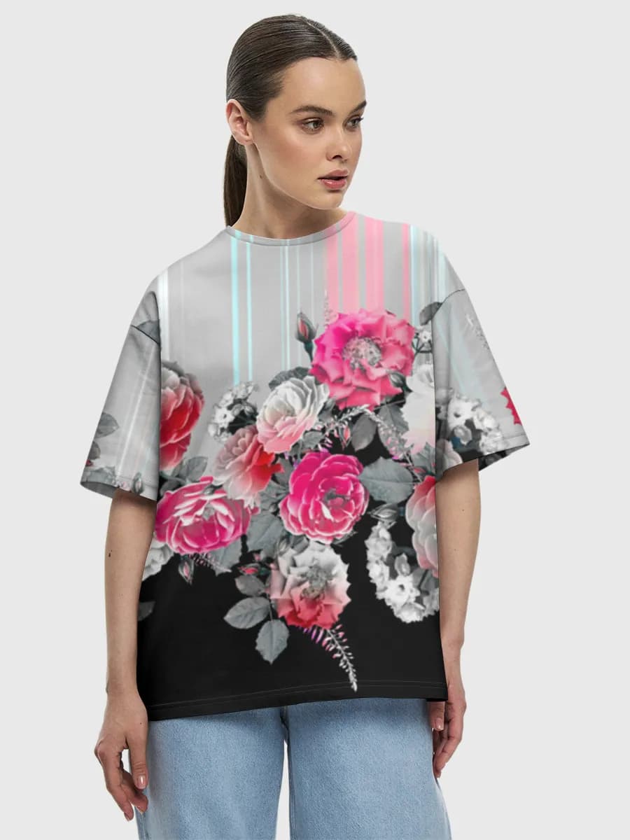 Neon Roses Floral Border — Women's oversized cotton T-shirt with all-over print, Floral theme